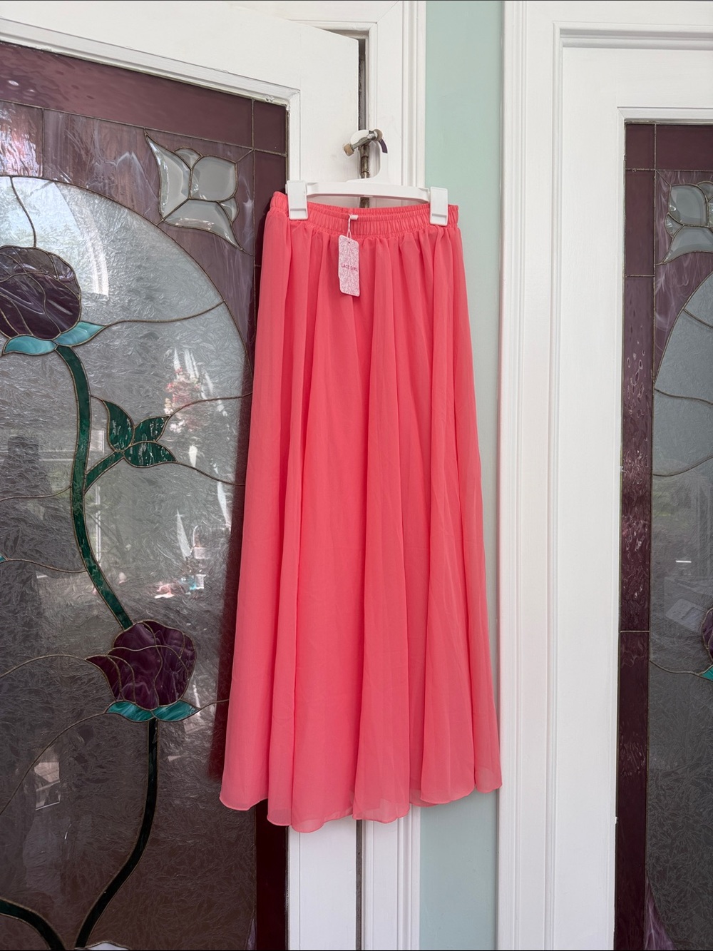 Coral Chiffon Maxi Skirt with Elastic Waist